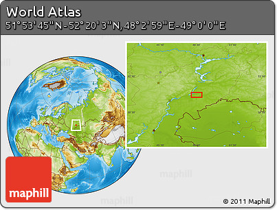 Physical Location Map of the Area around 52° 6' 54" N, 48° 31' 29" E