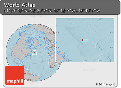 Gray Location Map of the Area around 52° 6' 54" N, 49° 13' 30" W, hill shading