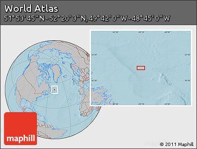 Gray Location Map of the Area around 52° 6' 54" N, 49° 13' 30" W, hill shading