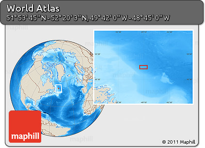 Shaded Relief Location Map of the Area around 52° 6' 54" N, 49° 13' 30" W