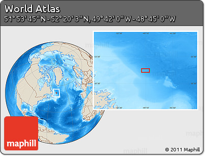 Shaded Relief Location Map of the Area around 52° 6' 54" N, 49° 13' 30" W