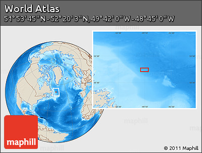 Shaded Relief Location Map of the Area around 52° 6' 54" N, 49° 13' 30" W