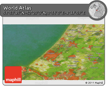 Satellite 3D Map of the Area around 52° 6' 54" N, 4° 19' 30" E