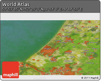Satellite 3D Map of the Area around 52° 6' 54" N, 4° 19' 30" E