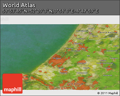 Satellite 3D Map of the Area around 52° 6' 54" N, 4° 19' 30" E