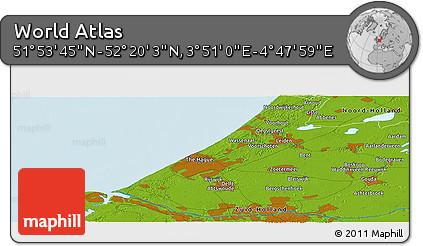 Physical Panoramic Map of the Area around 52° 6' 54" N, 4° 19' 30" E