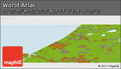 Physical Panoramic Map of the Area around 52° 6' 54" N, 4° 19' 30" E