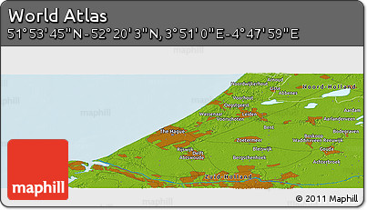 Physical Panoramic Map of the Area around 52° 6' 54" N, 4° 19' 30" E