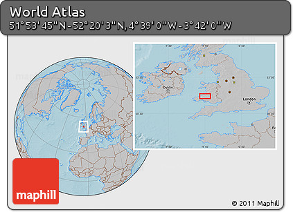 Gray Location Map of the Area around 52° 6' 54" N, 4° 10' 30" W, hill shading