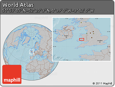 Gray Location Map of the Area around 52° 6' 54" N, 4° 10' 30" W, hill shading