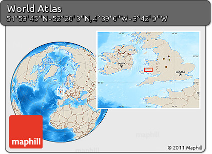 Shaded Relief Location Map of the Area around 52° 6' 54" N, 4° 10' 30" W