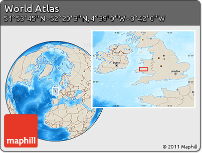Shaded Relief Location Map of the Area around 52° 6' 54" N, 4° 10' 30" W