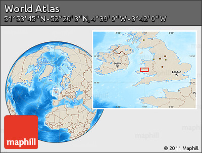 Shaded Relief Location Map of the Area around 52° 6' 54" N, 4° 10' 30" W