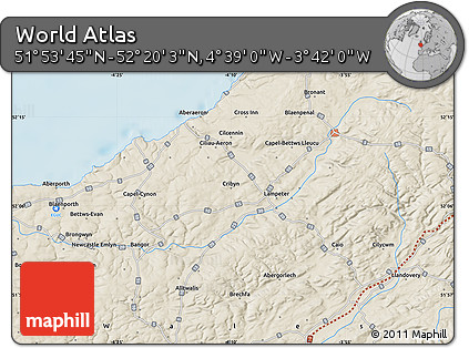 Shaded Relief Map of the Area around 52° 6' 54" N, 4° 10' 30" W