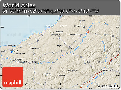 Shaded Relief Map of the Area around 52° 6' 54" N, 4° 10' 30" W