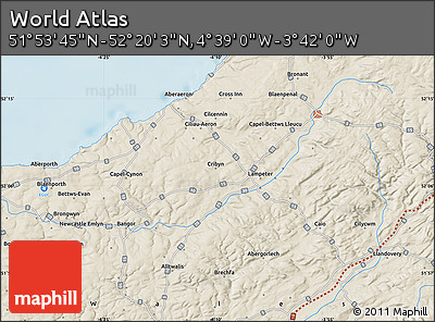 Shaded Relief Map of the Area around 52° 6' 54" N, 4° 10' 30" W