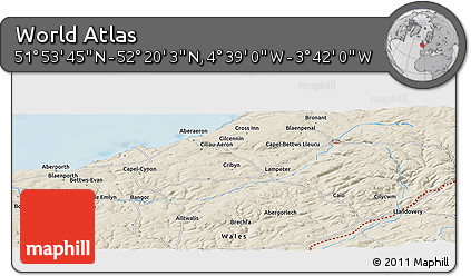 Shaded Relief Panoramic Map of the Area around 52° 6' 54" N, 4° 10' 30" W