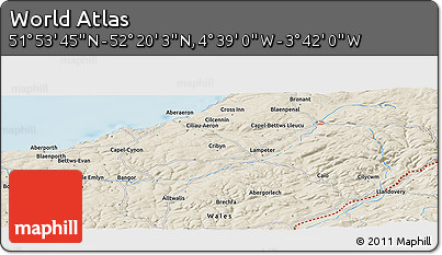Shaded Relief Panoramic Map of the Area around 52° 6' 54" N, 4° 10' 30" W