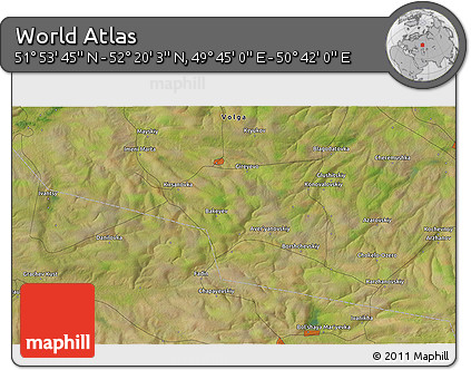 Satellite 3D Map of the Area around 52° 6' 54" N, 50° 13' 30" E