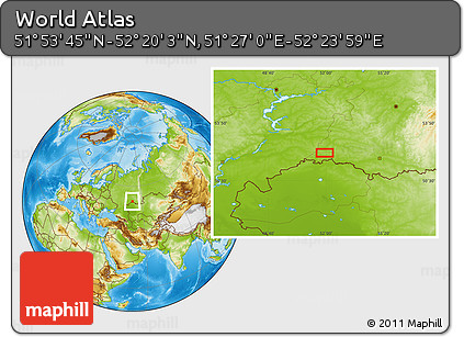 Physical Location Map of the Area around 52° 6' 54" N, 51° 55' 29" E