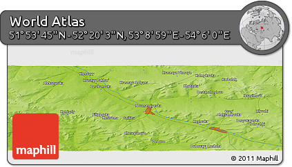 Physical Panoramic Map of the Area around 52° 6' 54" N, 53° 37' 30" E