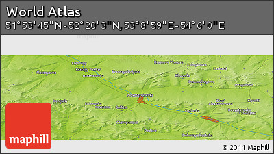 Physical Panoramic Map of the Area around 52° 6' 54" N, 53° 37' 30" E