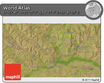 Satellite 3D Map of the Area around 52° 6' 54" N, 55° 19' 30" E