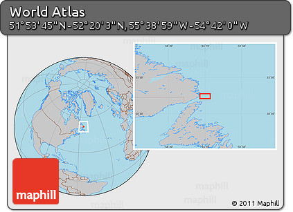 Gray Location Map of the Area around 52° 6' 54" N, 55° 10' 29" W