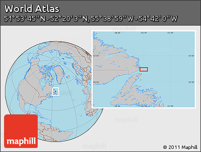 Gray Location Map of the Area around 52° 6' 54" N, 55° 10' 29" W