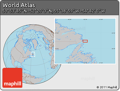 Gray Location Map of the Area around 52° 6' 54" N, 55° 10' 29" W