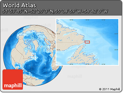 Shaded Relief Location Map of the Area around 52° 6' 54" N, 55° 10' 29" W