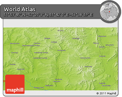 Physical 3D Map of the Area around 52° 6' 54" N, 56° 10' 29" E