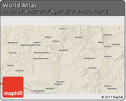 Shaded Relief 3D Map of the Area around 52° 6' 54" N, 56° 10' 29" E