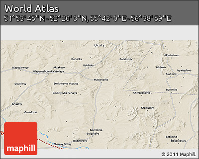 Shaded Relief 3D Map of the Area around 52° 6' 54" N, 56° 10' 29" E