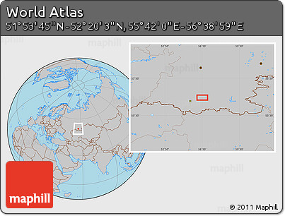 Gray Location Map of the Area around 52° 6' 54" N, 56° 10' 29" E