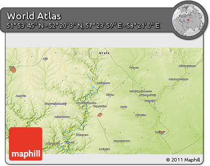 Physical 3D Map of the Area around 52° 6' 54" N, 57° 52' 30" E