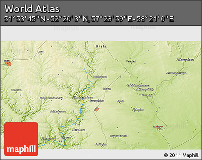 Physical 3D Map of the Area around 52° 6' 54" N, 57° 52' 30" E