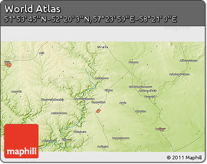 Physical 3D Map of the Area around 52° 6' 54" N, 57° 52' 30" E