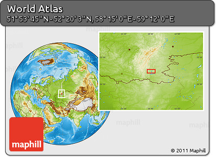 Physical Location Map of the Area around 52° 6' 54" N, 58° 43' 30" E