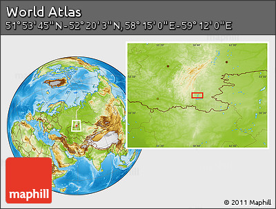 Physical Location Map of the Area around 52° 6' 54" N, 58° 43' 30" E