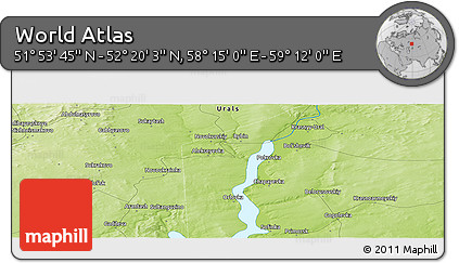 Physical Panoramic Map of the Area around 52° 6' 54" N, 58° 43' 30" E