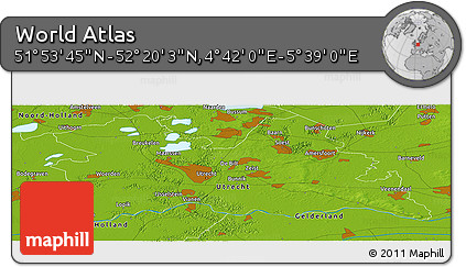 Physical Panoramic Map of the Area around 52° 6' 54" N, 5° 10' 30" E