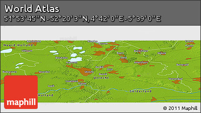 Physical Panoramic Map of the Area around 52° 6' 54" N, 5° 10' 30" E