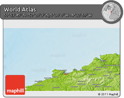 Physical 3D Map of the Area around 52° 6' 54" N, 5° 1' 30" W