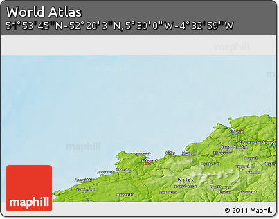 Physical 3D Map of the Area around 52° 6' 54" N, 5° 1' 30" W