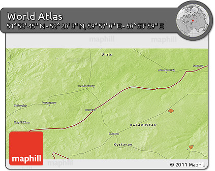 Physical 3D Map of the Area around 52° 6' 54" N, 60° 25' 29" E