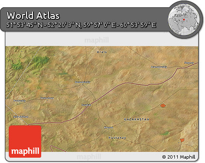 Satellite 3D Map of the Area around 52° 6' 54" N, 60° 25' 29" E