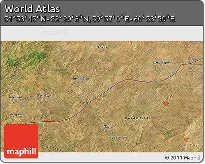 Satellite 3D Map of the Area around 52° 6' 54" N, 60° 25' 29" E