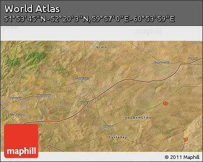 Satellite 3D Map of the Area around 52° 6' 54" N, 60° 25' 29" E