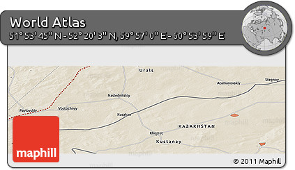 Shaded Relief Panoramic Map of the Area around 52° 6' 54" N, 60° 25' 29" E